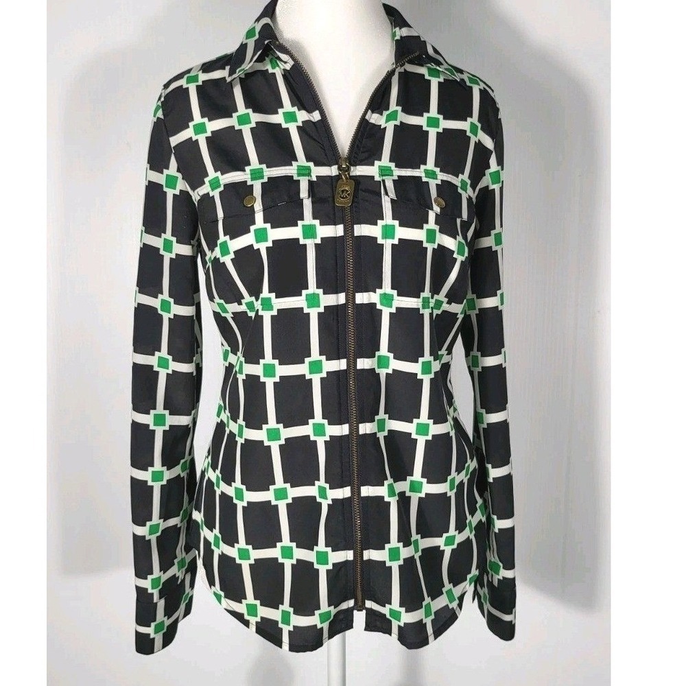 Michael Kors Womens Geometric Grid Full Zip Blouse Navy Green Long Sleeve Size S